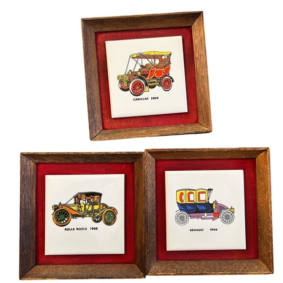 Vintage Framed Ceramic Tile Art Set Of 3 Antique Cars Cadillac Rolls Royce Renau - Picture 1 of 7